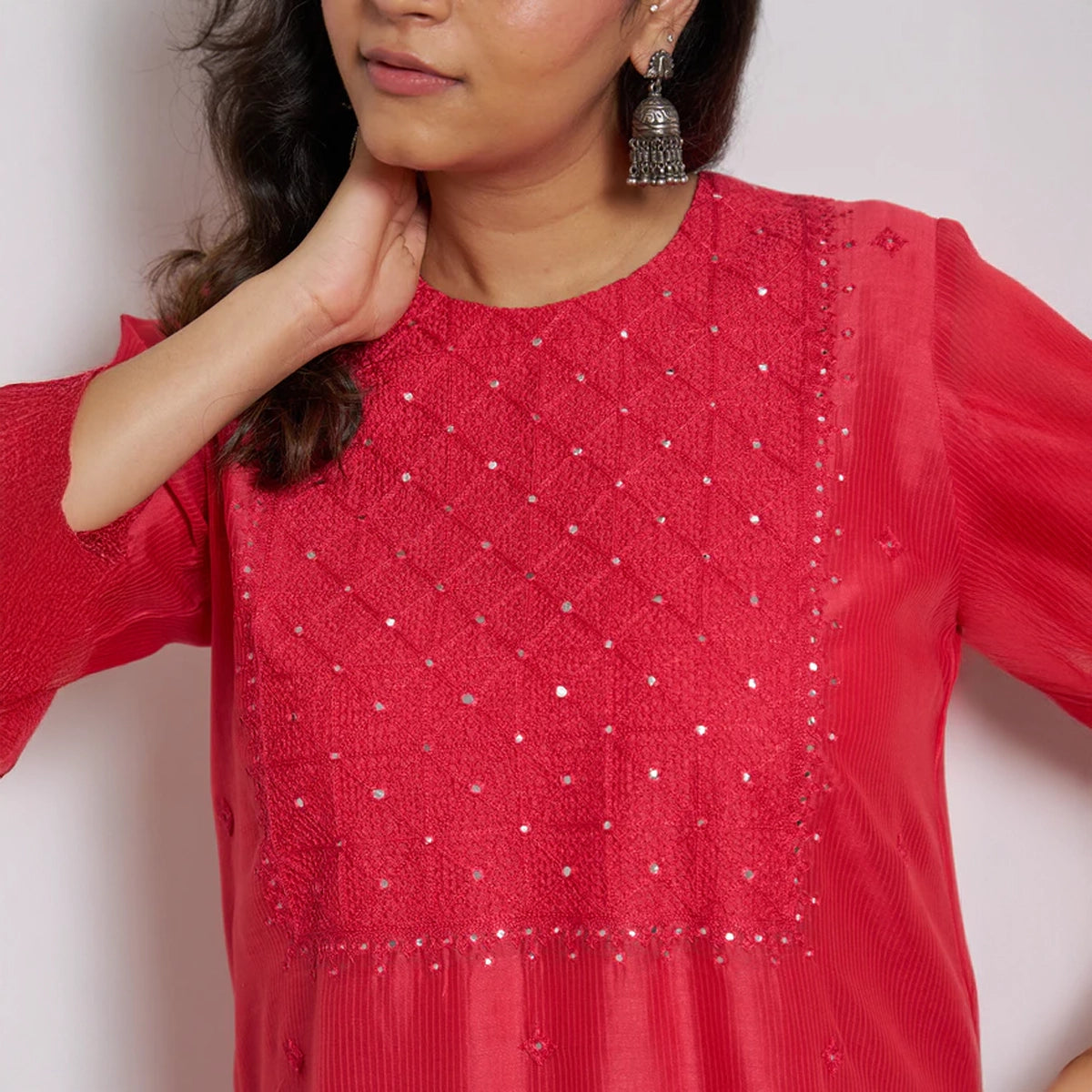 Watermelon Red Silk Chanderi Kurta with Handwork