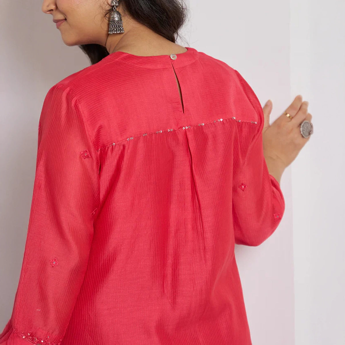 Watermelon Red Silk Chanderi Kurta with Handwork