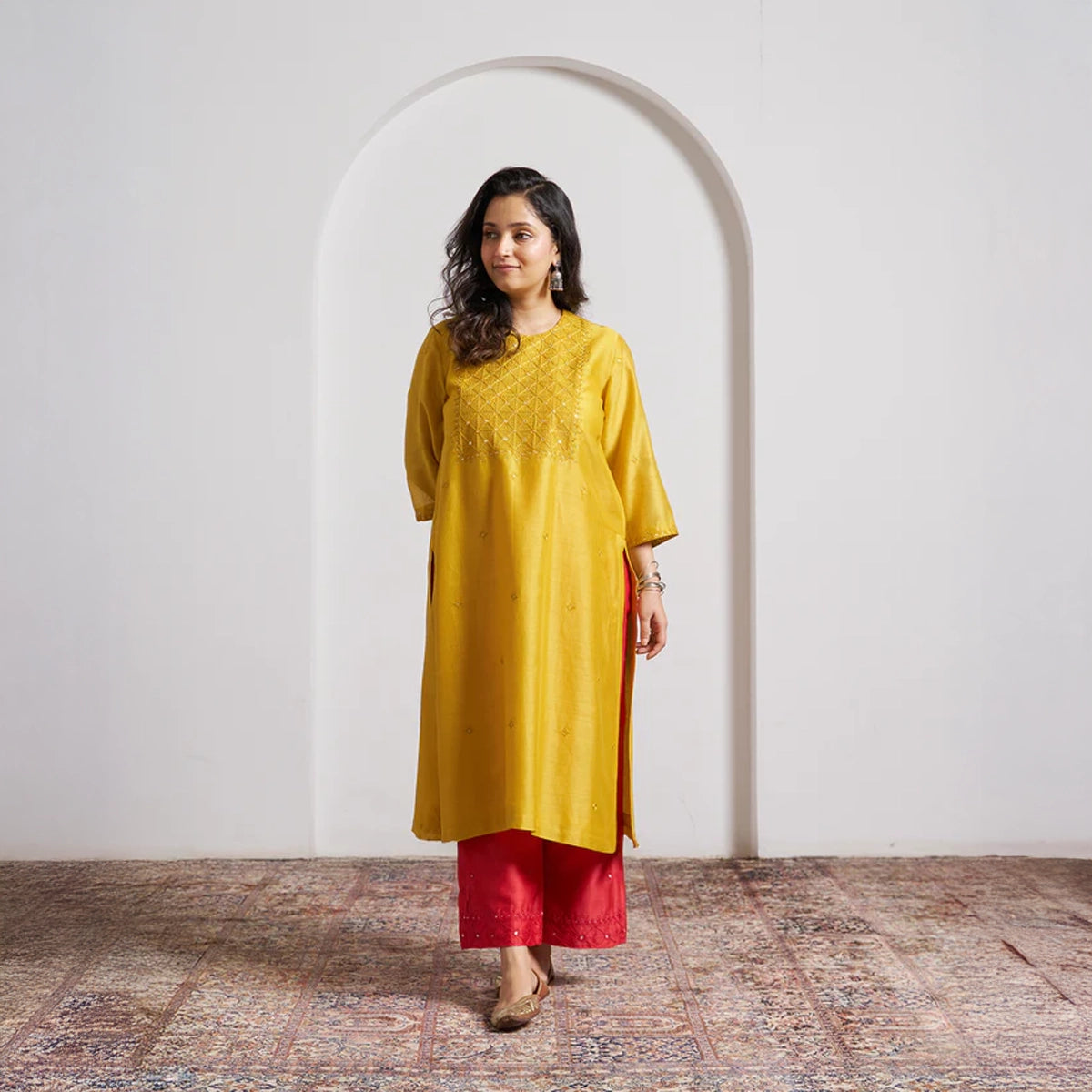 Sarson Yellow Silk Chanderi Kurta with Handwork