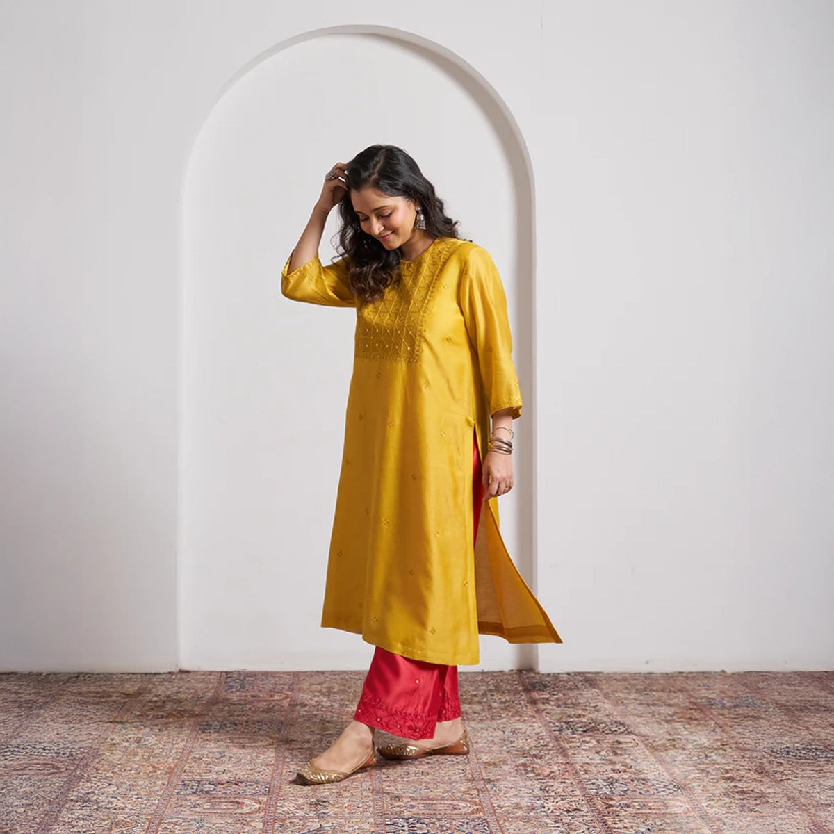 Sarson Yellow Silk Chanderi Kurta with Handwork