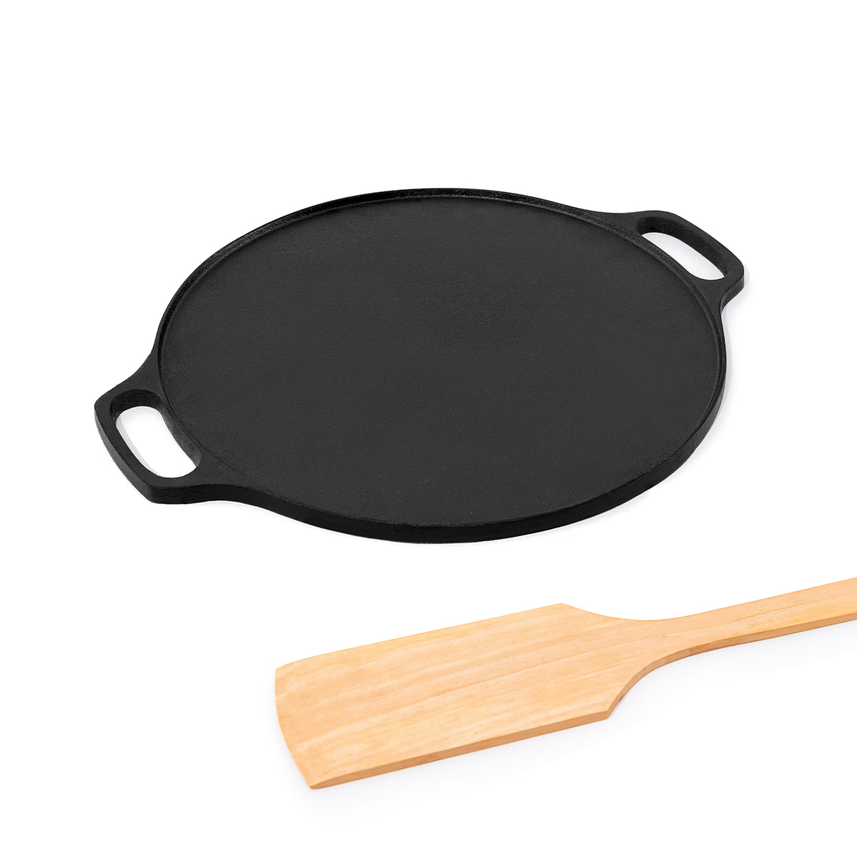 Cast Iron Dosa Tawa with Wooden Ladle | Pre-seasoned | 12 Inches