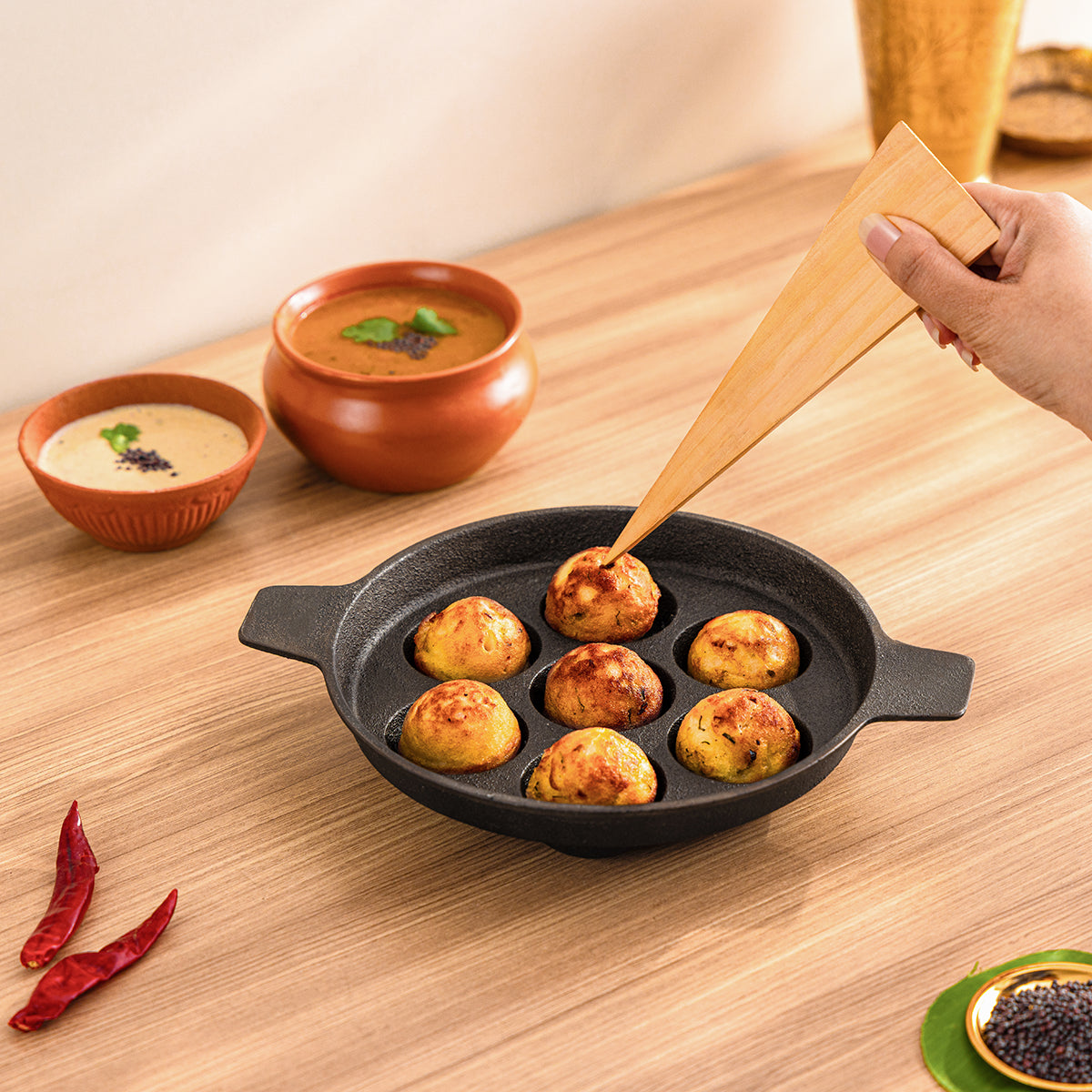 Cast Iron Paniyaram Pan with Wooden Ladle | Pre-seasoned | 7.4 Inches