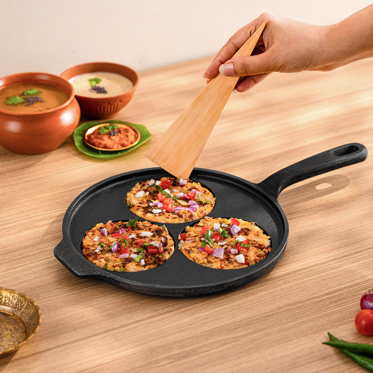 Cast Iron Uttapam Tawa with Wooden Ladle | Pre-seasoned | 10 Inches