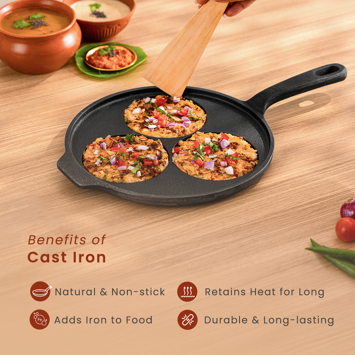 Cast Iron Uttapam Tawa with Wooden Ladle | Pre-seasoned | 10 Inches
