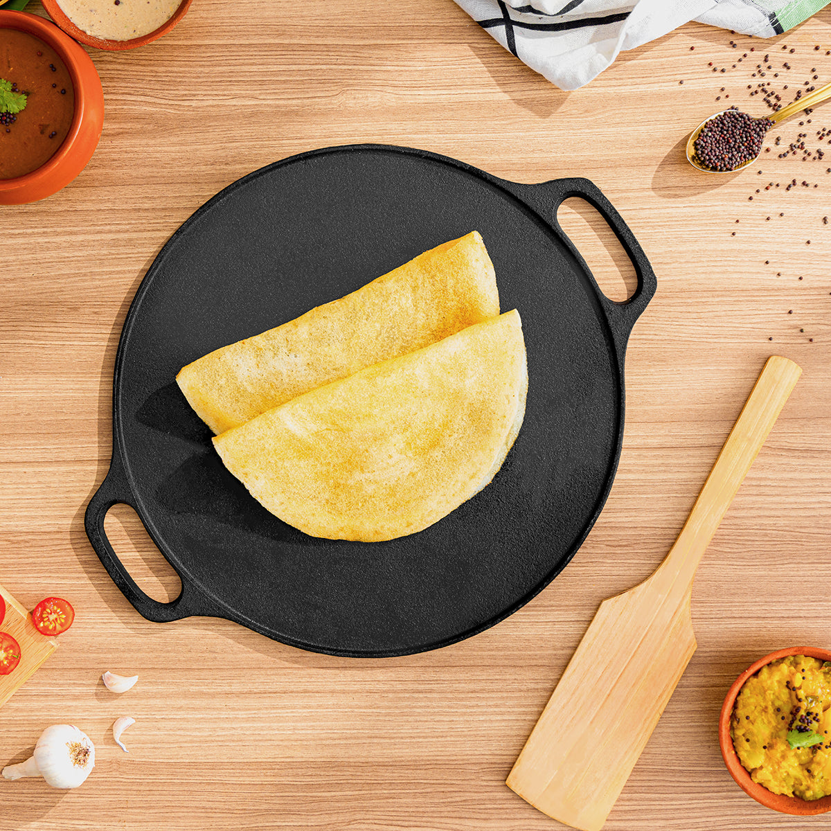 Cast Iron Dosa Tawa with Wooden Ladle | Pre-seasoned | 12 Inches