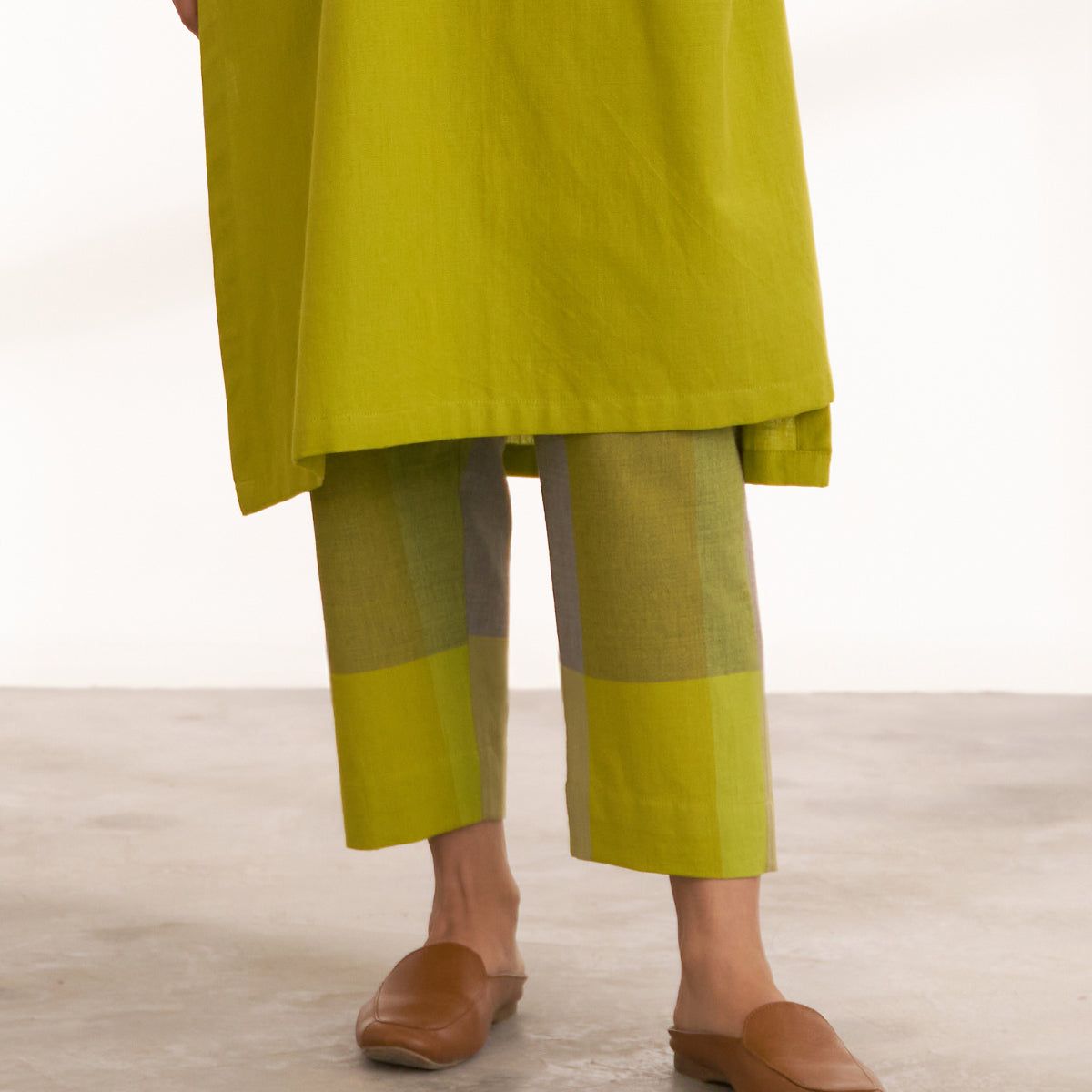 Lime Handwoven Cotton & Check Kurta