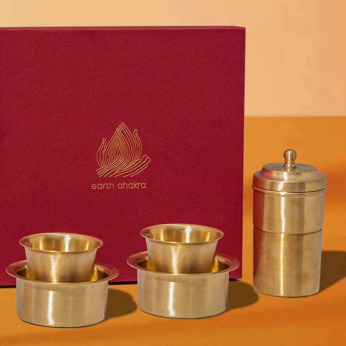 Brass Filter Coffee & Dabara Set | Gold | Set of 3 | Diwali Gift Box