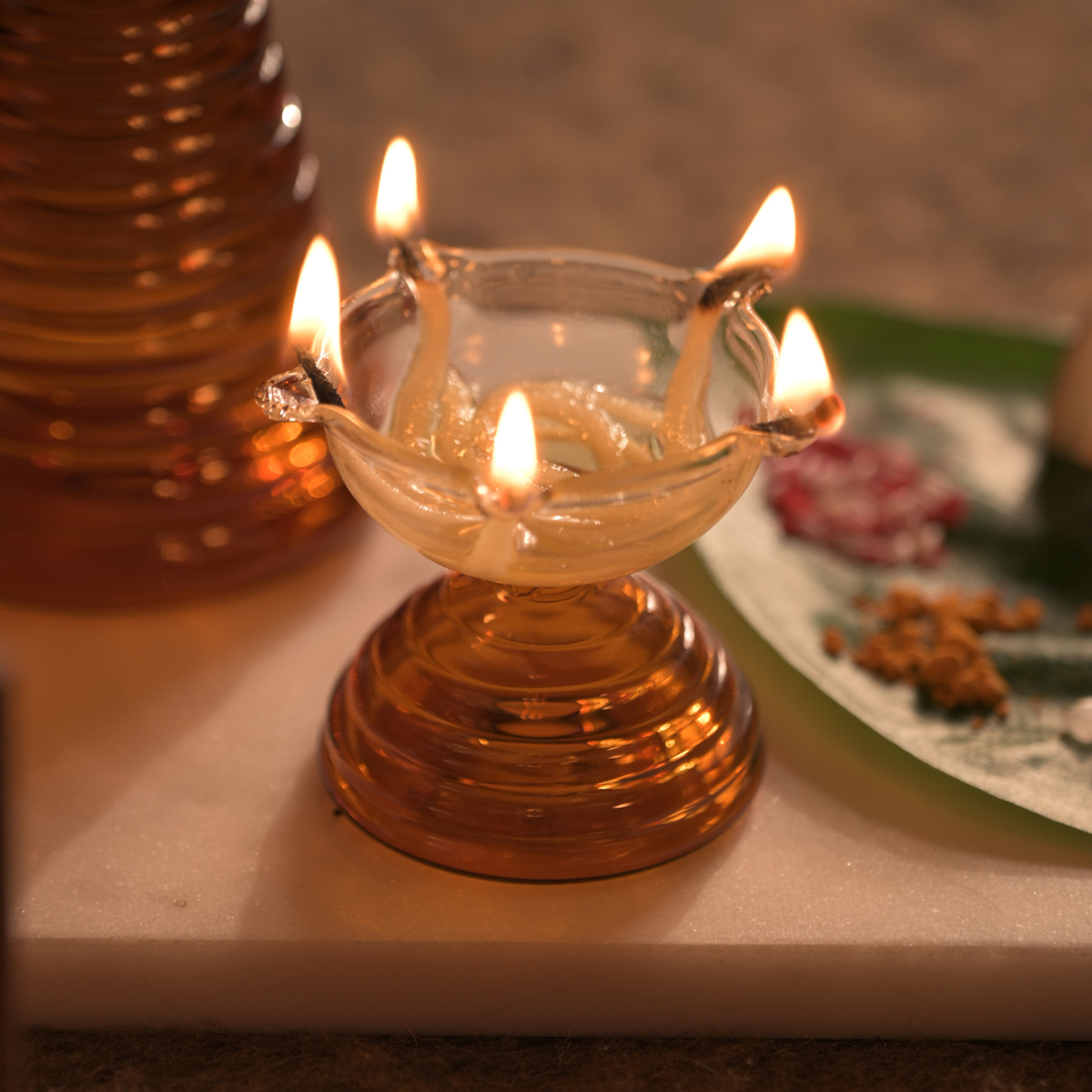 Short Glass Diya Amber