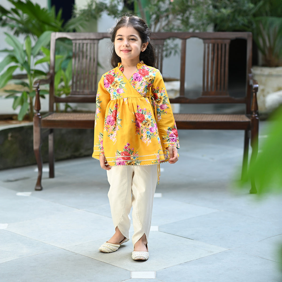 Vedika Angrakha Dhoti Set - Yellow Phool Angan