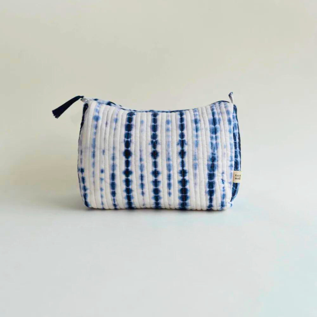 Shibori Quilted Wash/Toiletry Bag with Waterproof Lining - Indigo