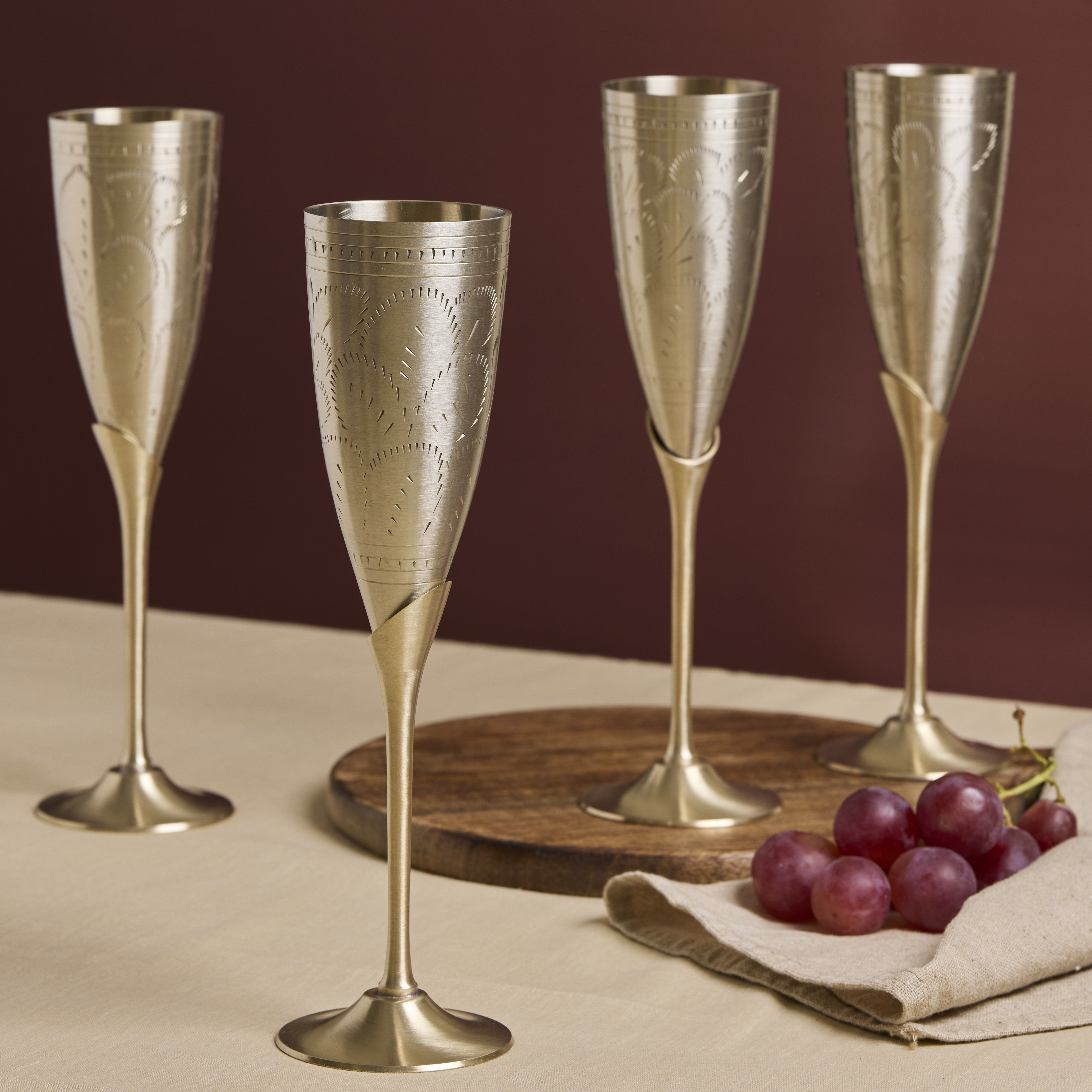 Brass Champagne Flute Glasses | Set of 4 | Ulchai Handwork