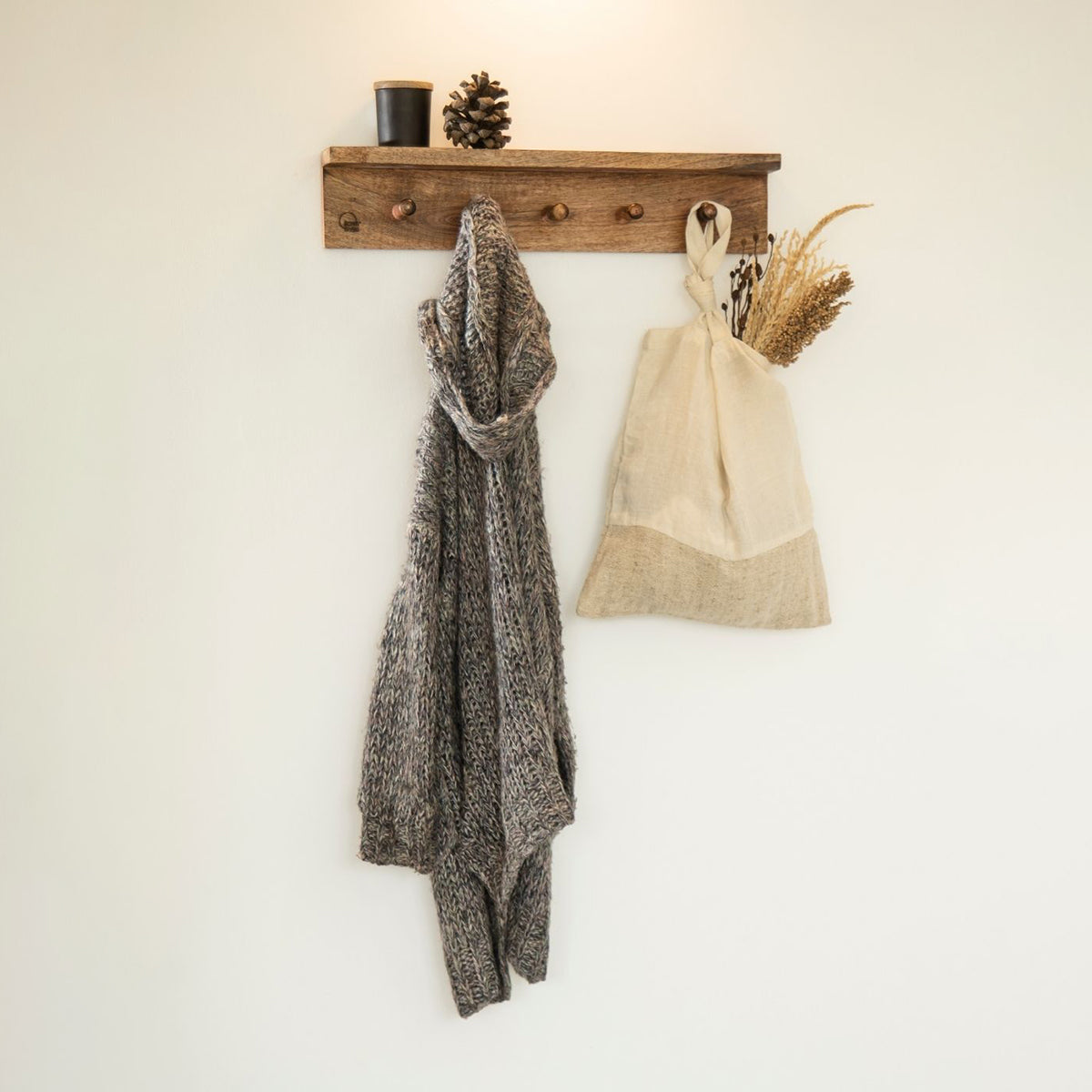 Multi Functional Wood Wall Shelf with Hooks