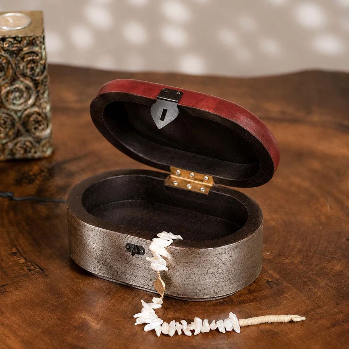 Chota Pitara Wooden Jewellery Box | Warm-Silver & Red