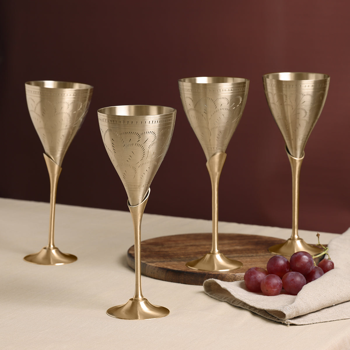 Brass Wine Goblet Glasses | Set of 4 | Ulchai Handwork