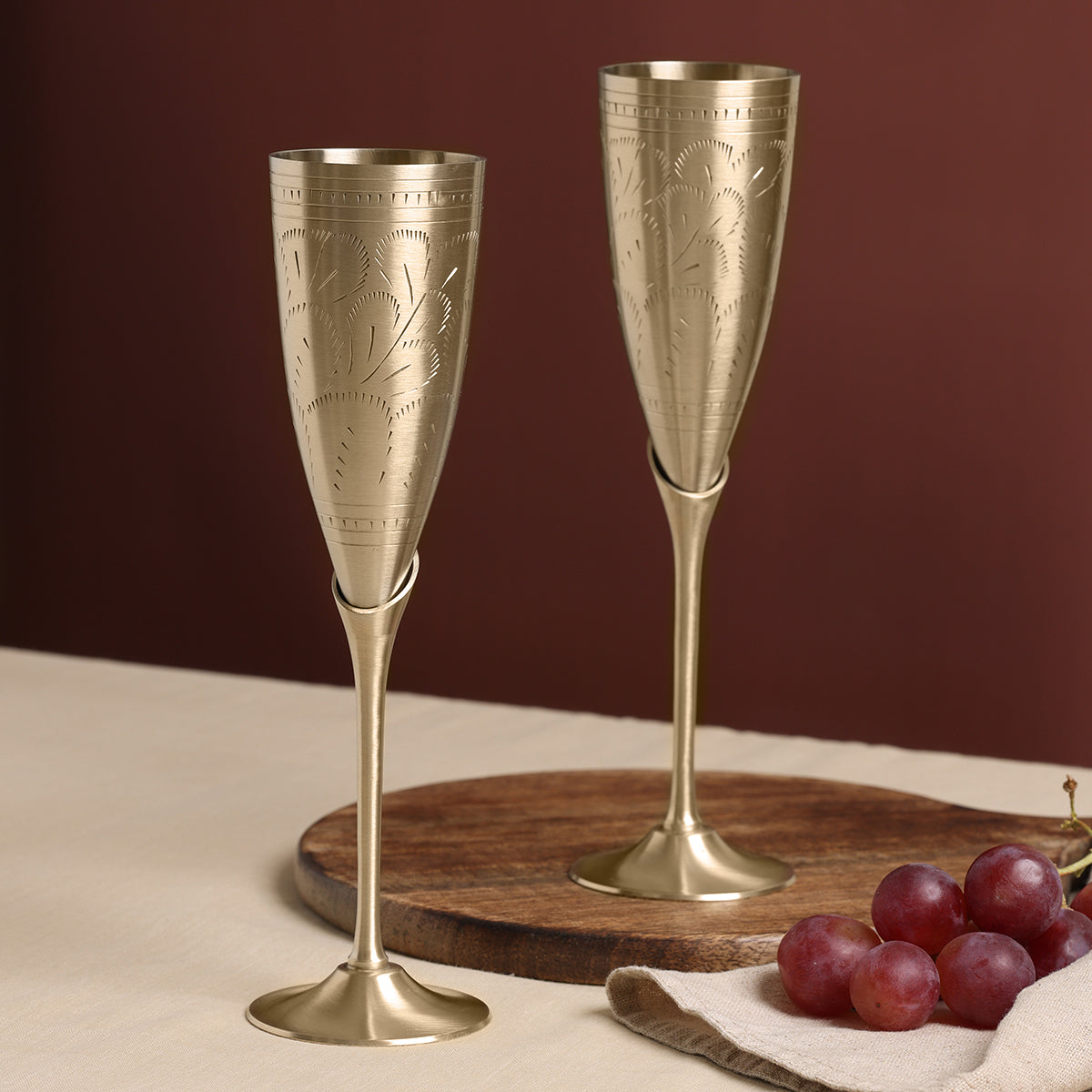 Brass Champagne Flute Glasses | Set of 2 | Ulchai Handwork