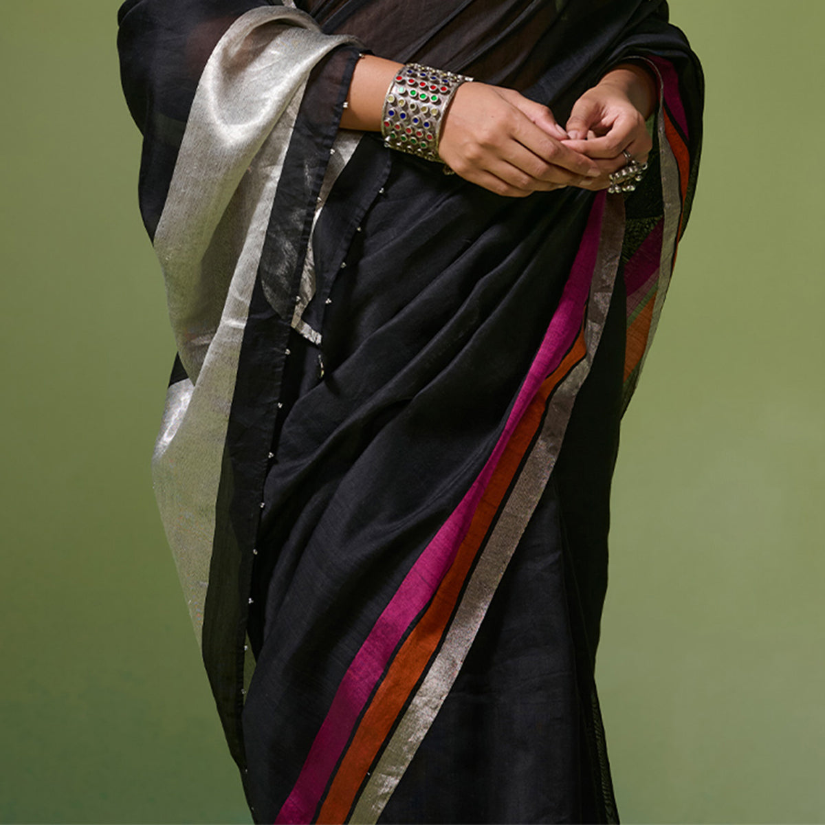 Black Chanderi Saree With Accent Border
