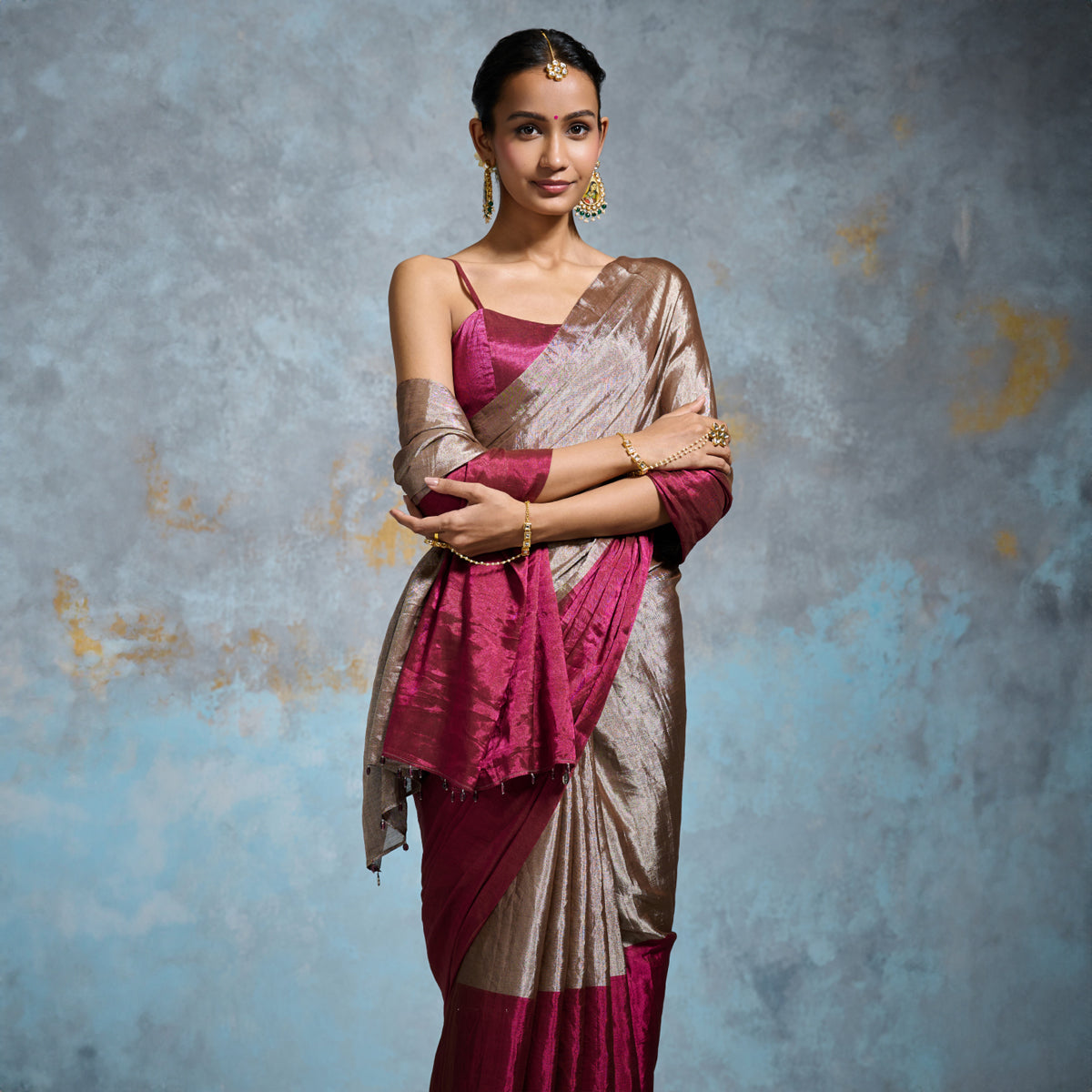 Classic Pink-Silver Metallic Tissue Saree