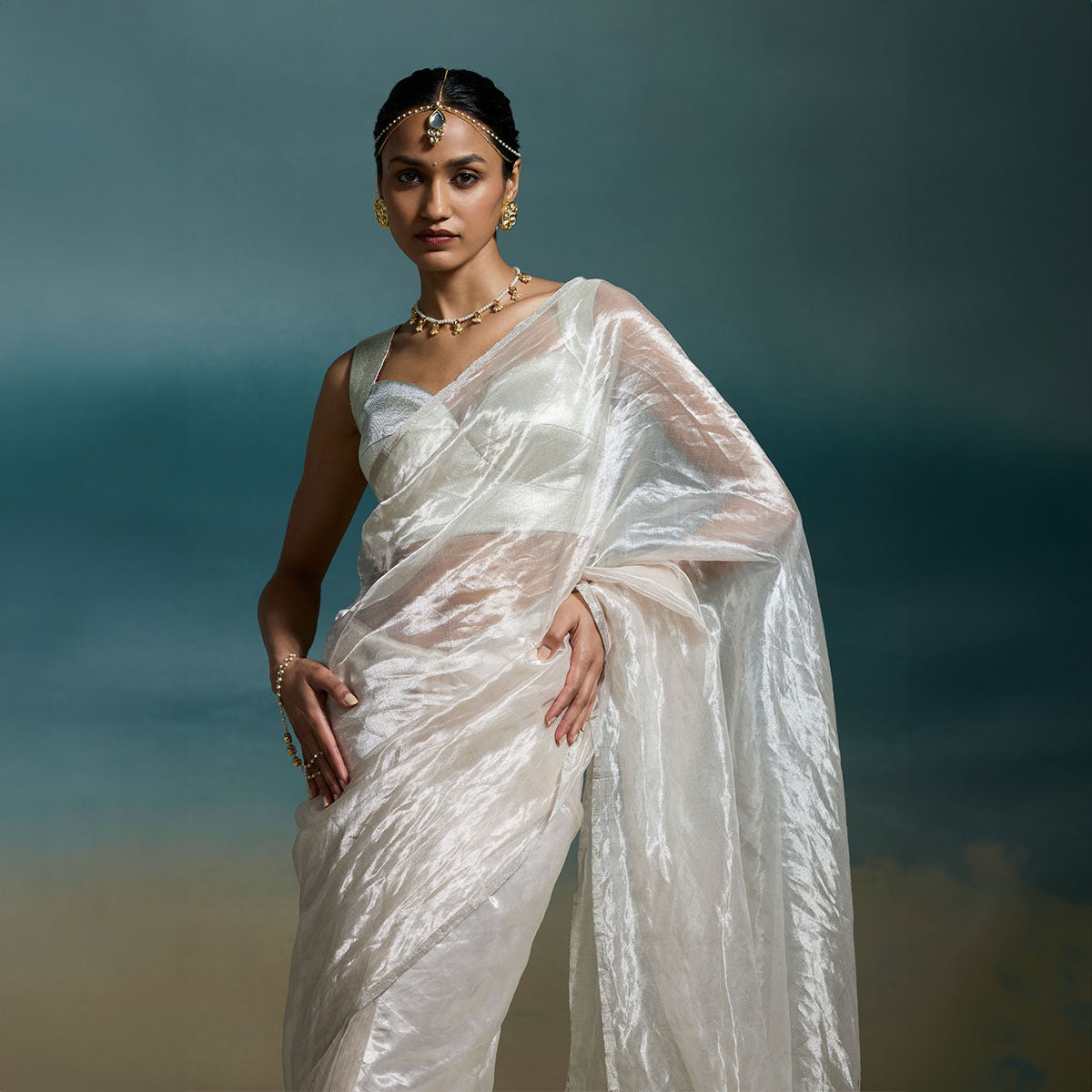 Metallic Silver Tissue Saree
