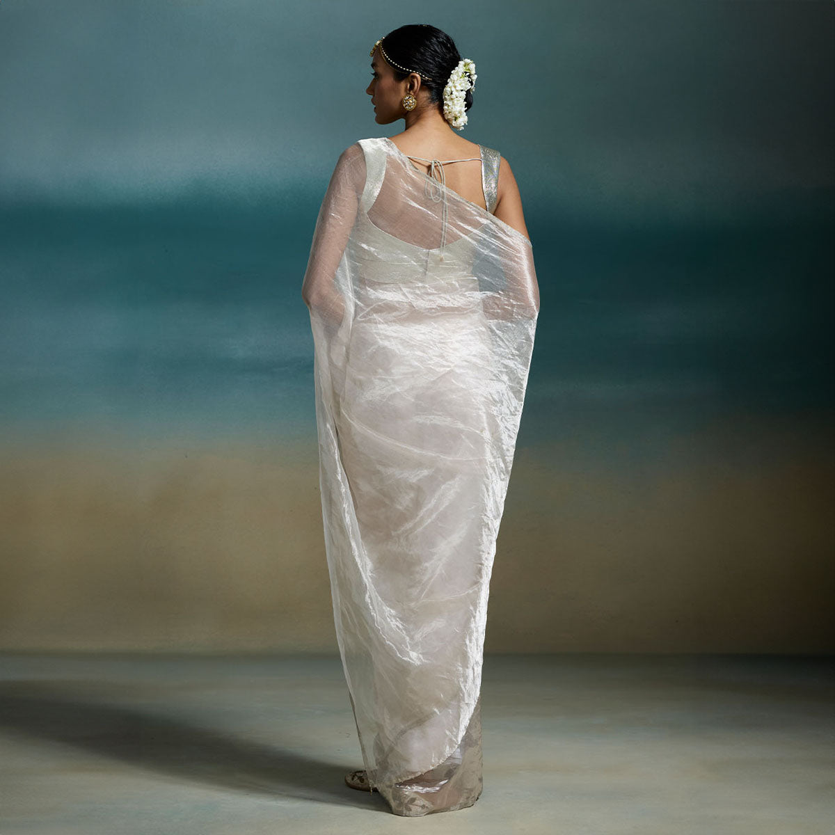 Metallic Silver Tissue Saree