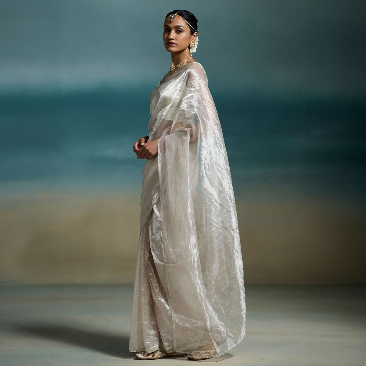 Metallic Silver Tissue Saree