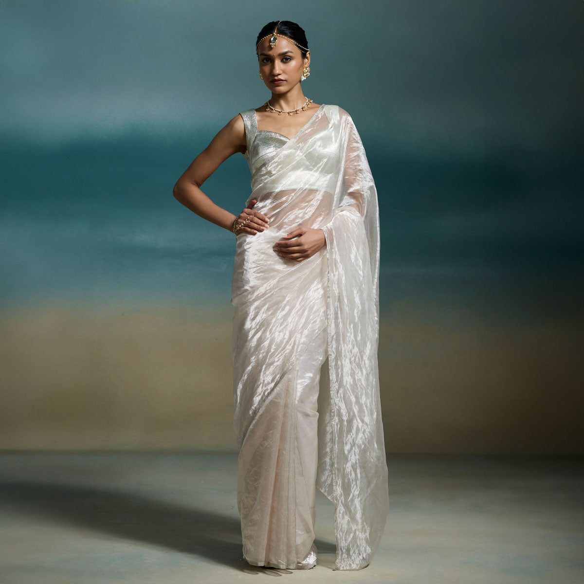 Metallic Silver Tissue Saree