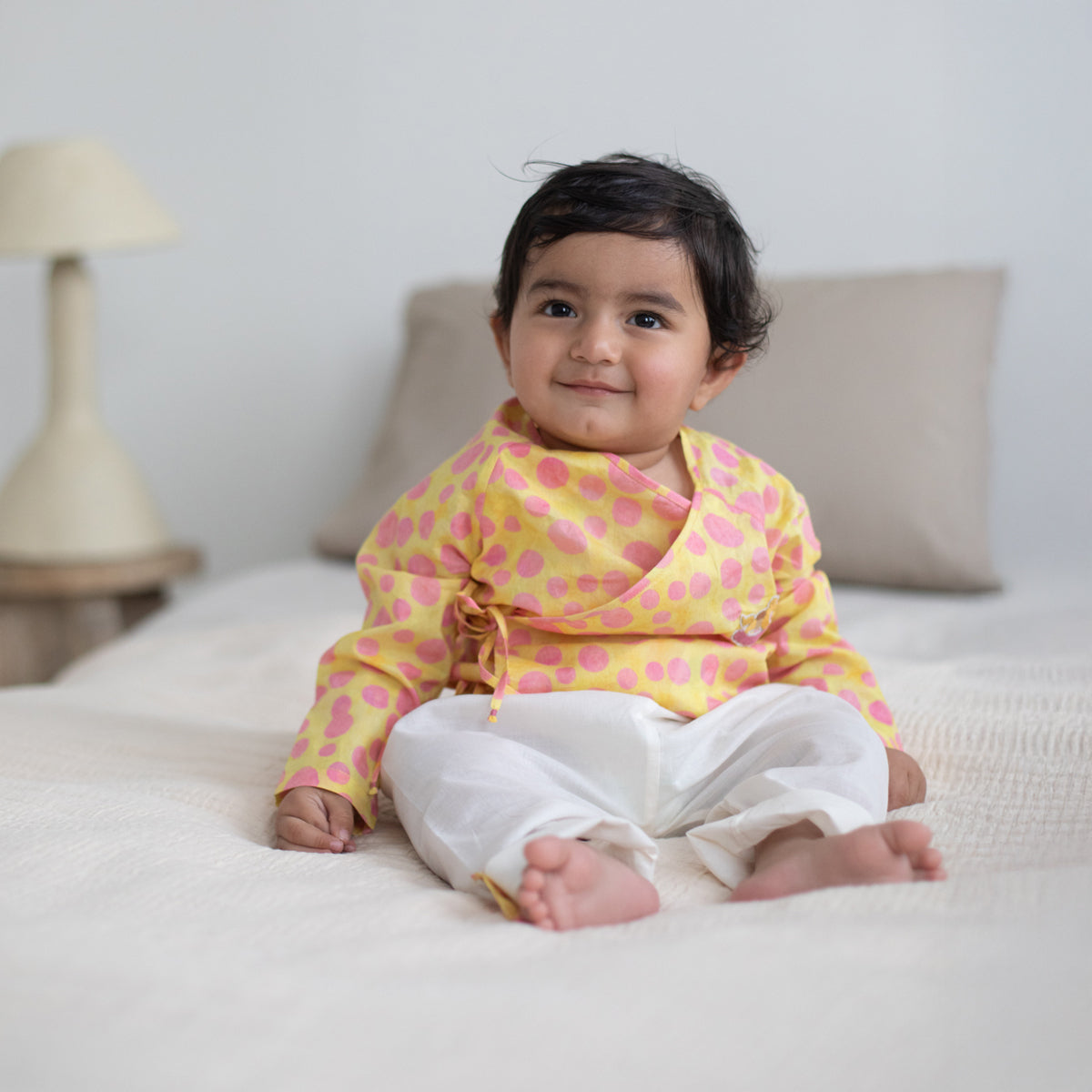 Tug Bug Angrakha Pyajama Set | Blush Yellow & Ivory