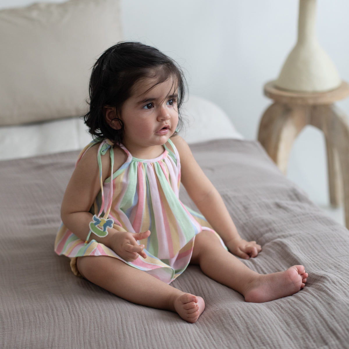 Tug Bug Tie up Top and Baby brief set | Multi Stripe & Ivory