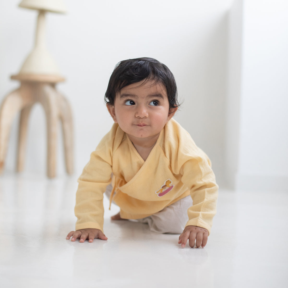 Tug Bug Angrakha Pyajama Set | Yellow & Ivory