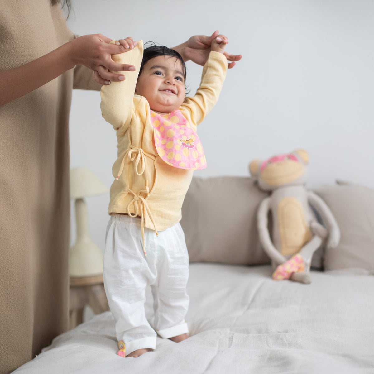Tug Bug Angrakha Pyajama Set | Yellow & Ivory