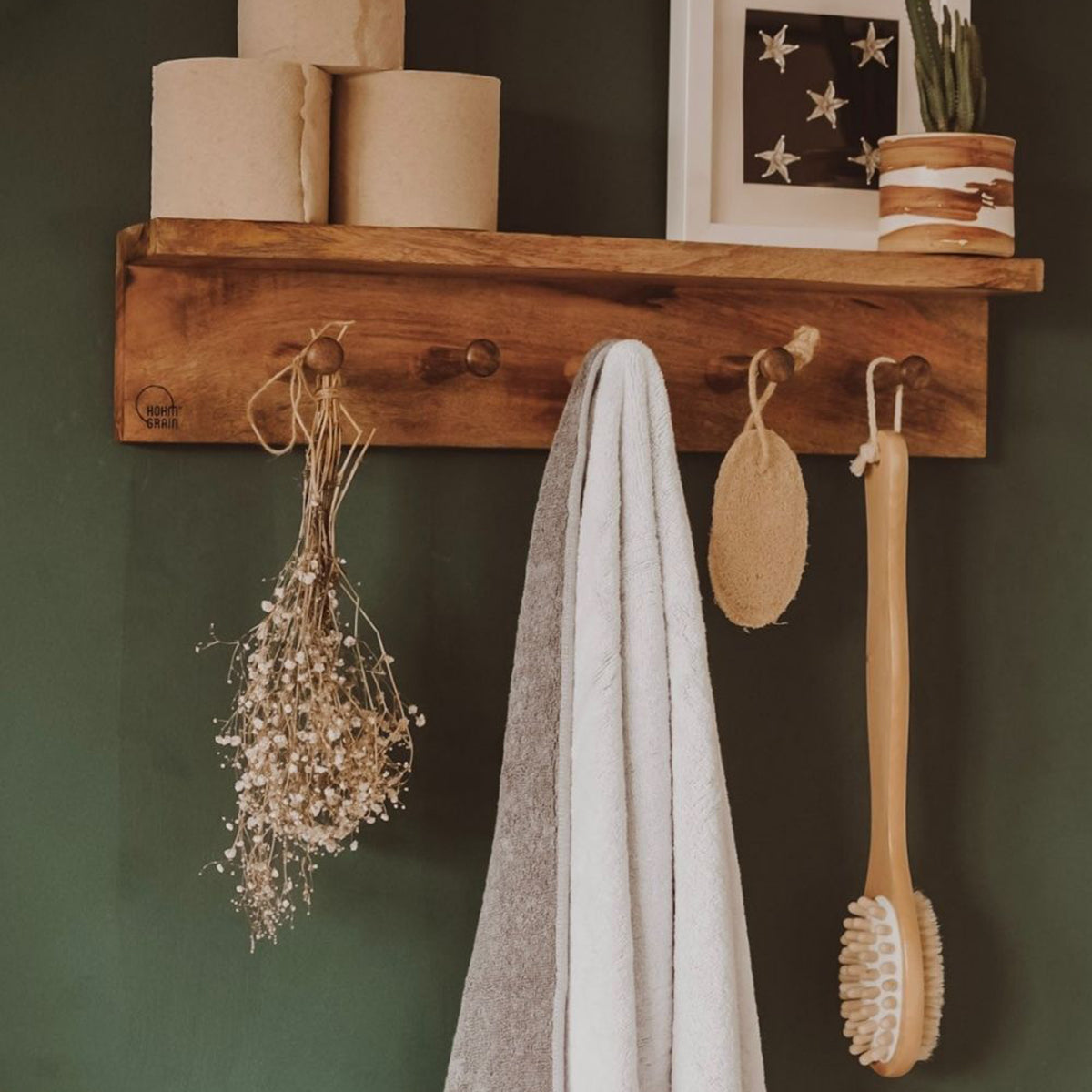 Multi Functional Wood Wall Shelf with Hooks