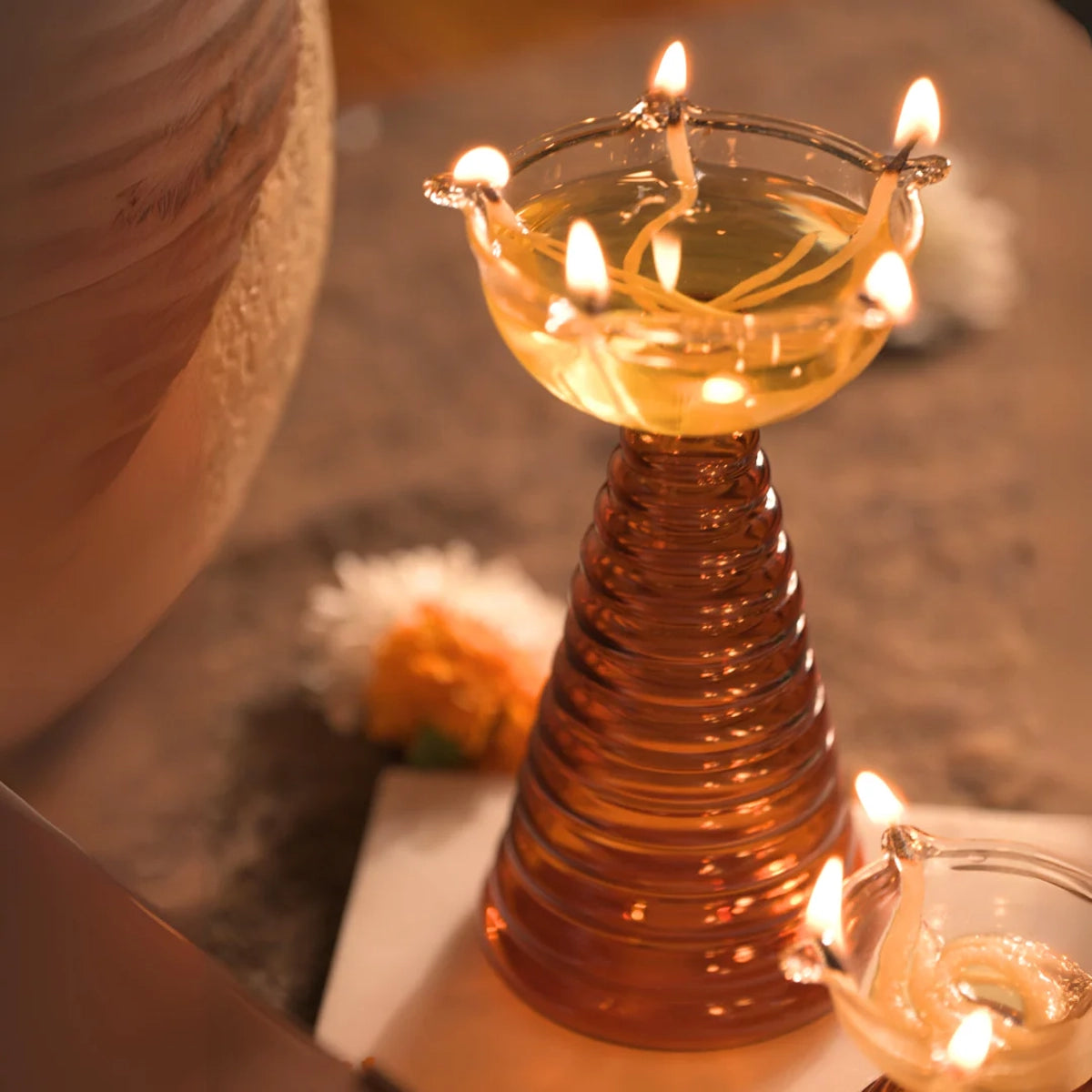 Tall Glass Diya Amber