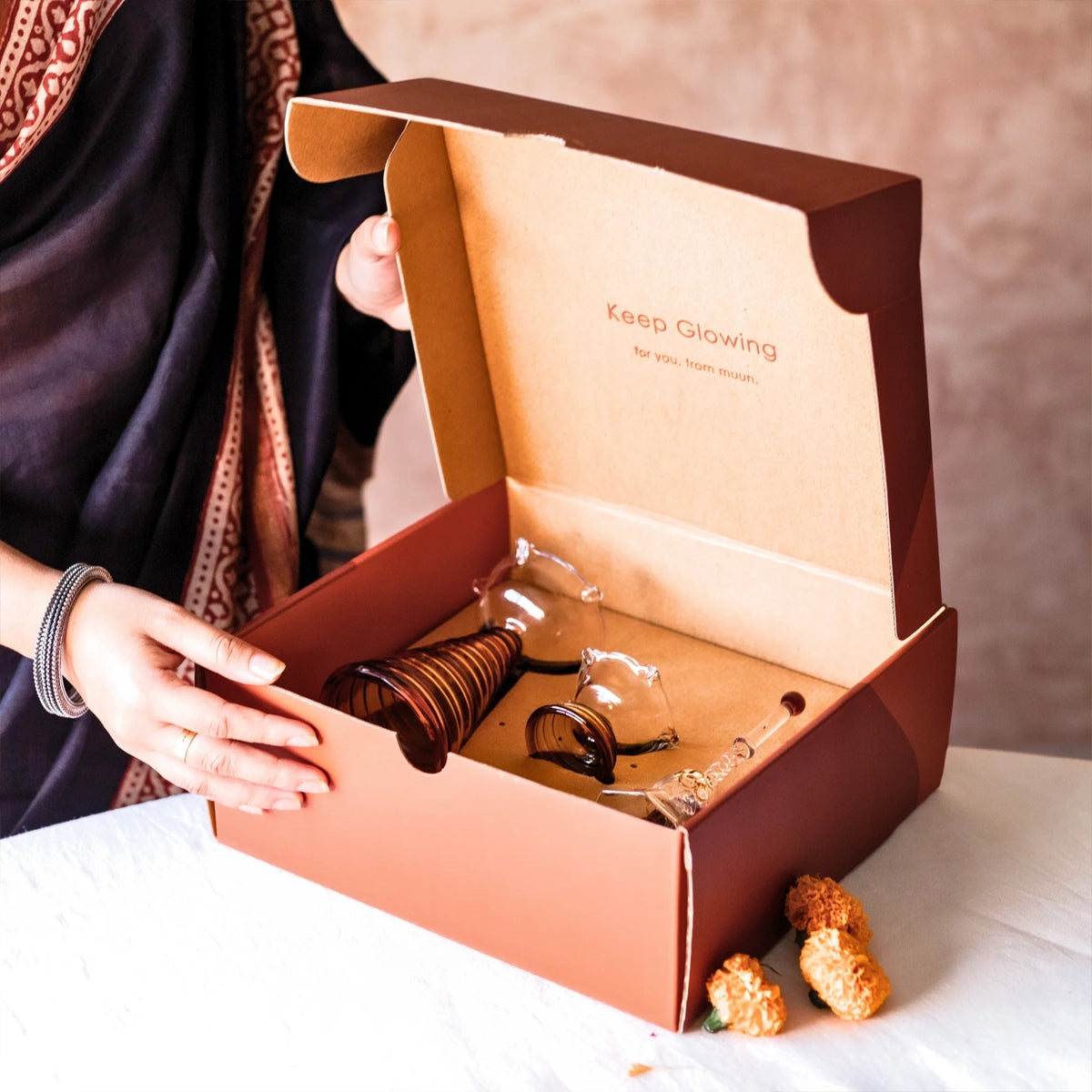 Glass Festive Gift Box - Tall Diya + Short Diya + Bell - Amber