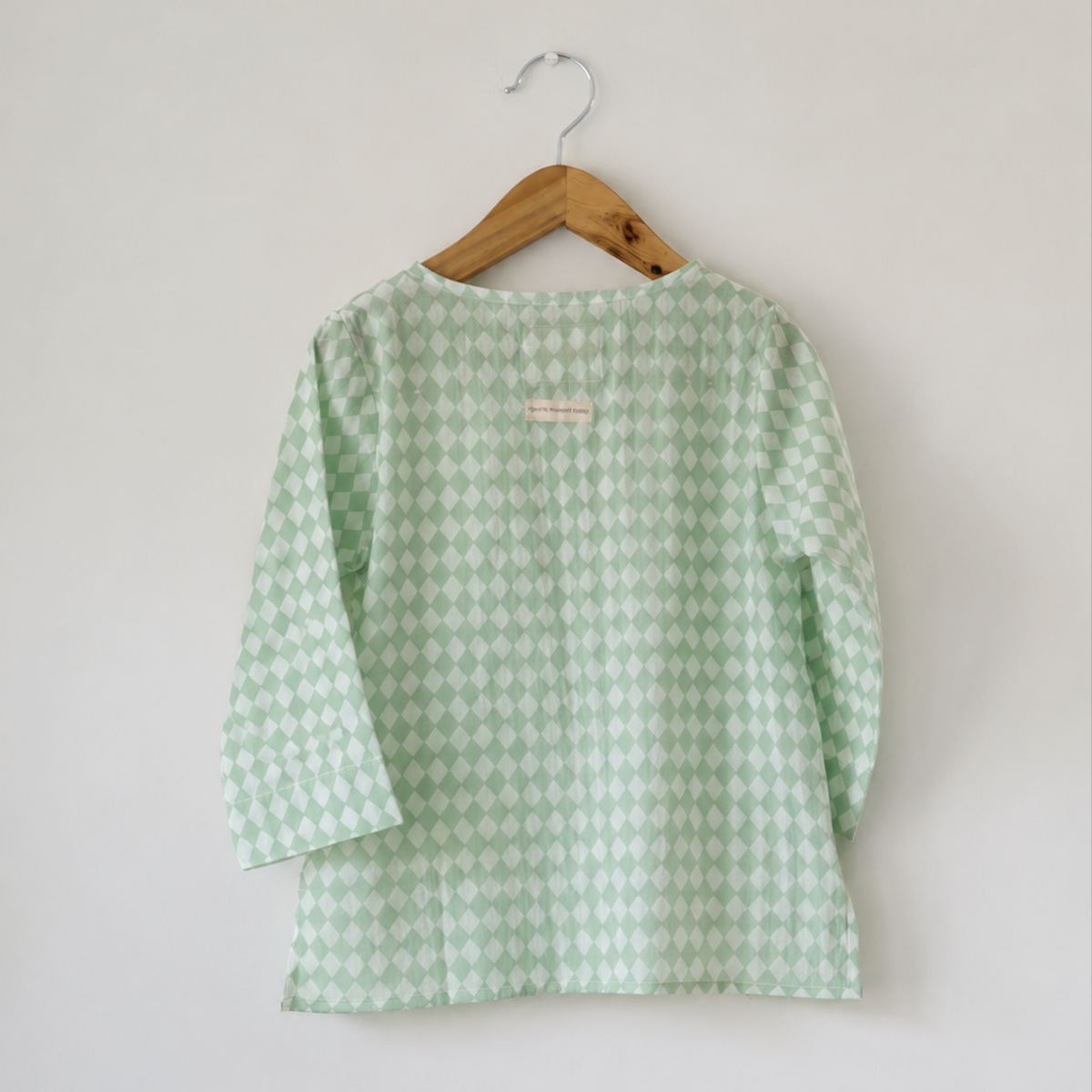 Sleepover Party Kids Unisex Kurta In Sage Green Rhombus