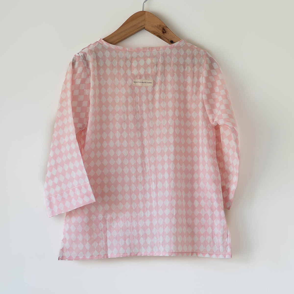 Sleepover Party Kids Unisex Kurta In Blush Pink Rhombus