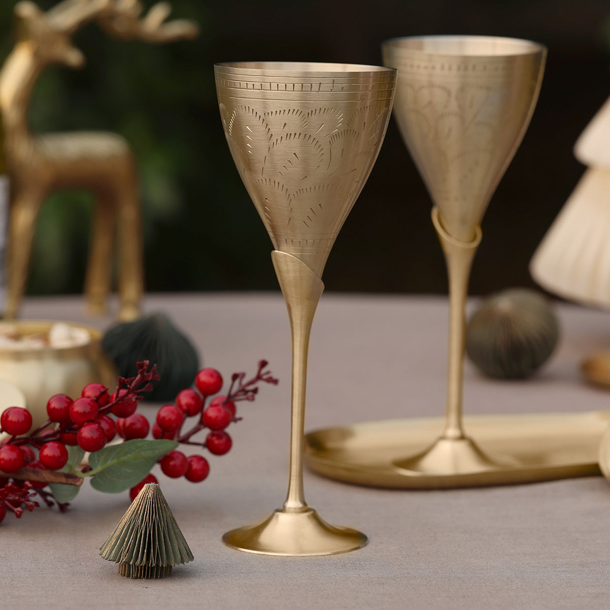 Brass Wine Goblet Glasses | Set of 2 | Ulchai Handwork