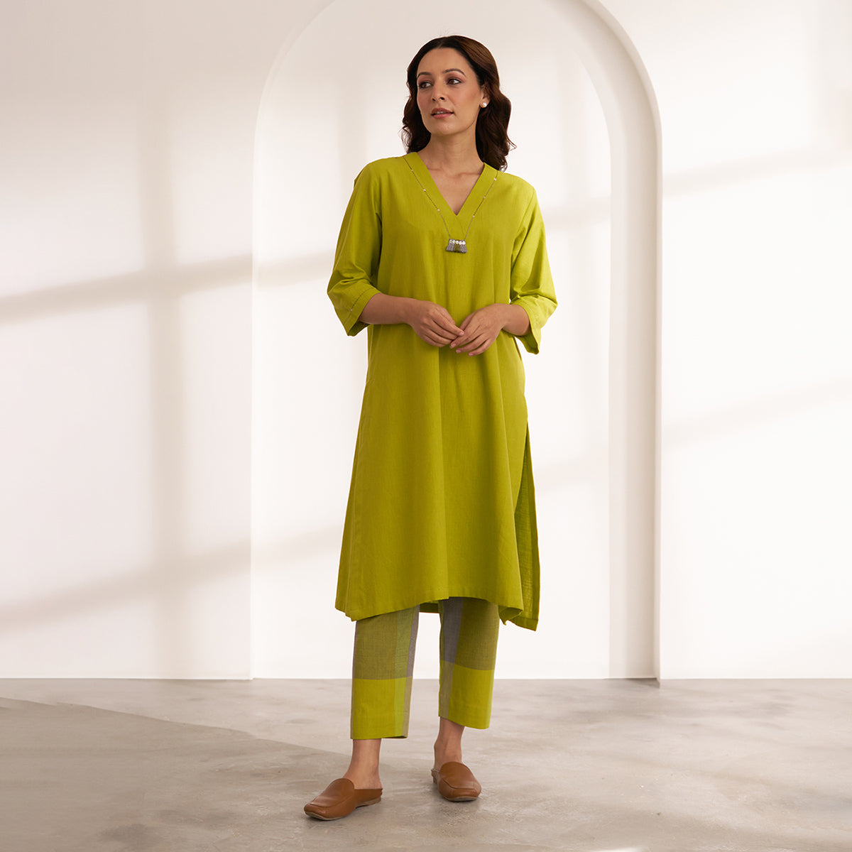 Lime Handwoven Cotton & Check Kurta