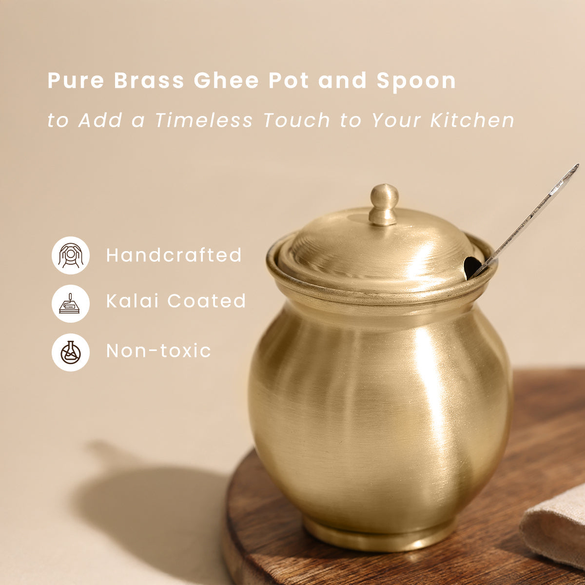 Pure Brass Ghee Pot with Spoon | Kalai Coated