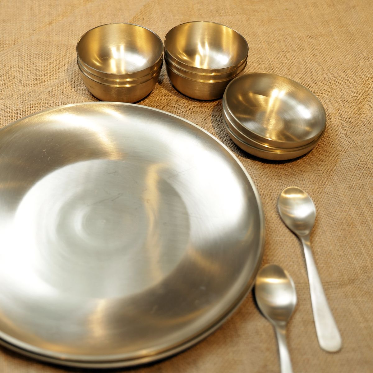 Kansa Thali Set- Kansa Thali- 12 inch + 3 Katori + 1 Glass + 1 Spoon 