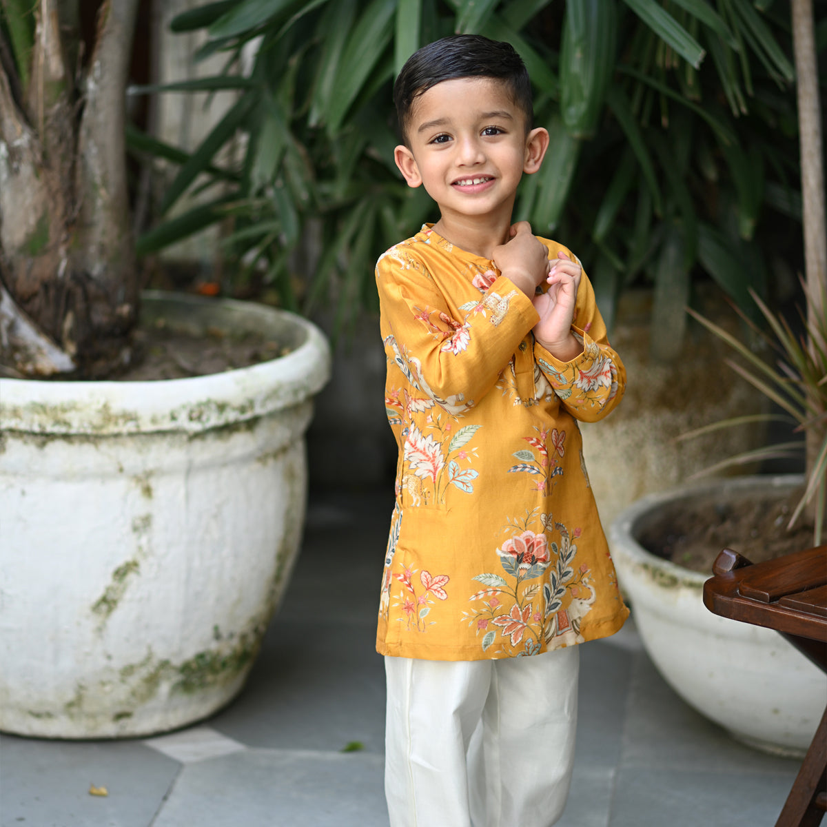 Zorawar Kurta And Pyjama Set-Mustard Jungle Reverie