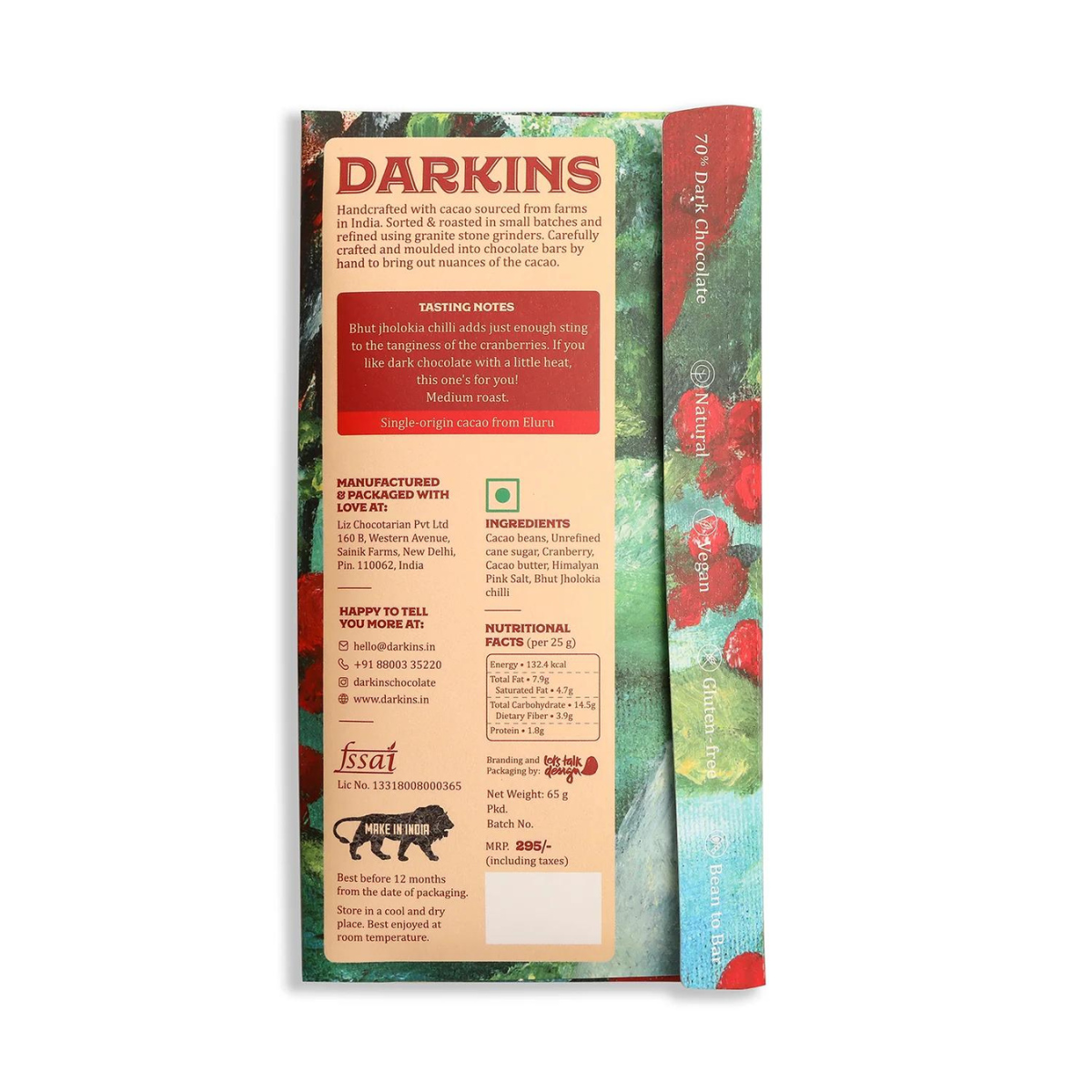 Darkins 70% Artisanal Dark Chocolate with Cranberry & Bhut Jholokia Chilli