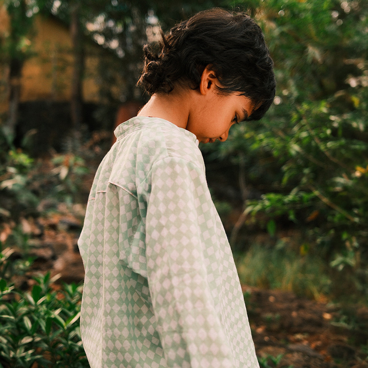 Barefoot Boy Shirt In Sage Green Rhombus
