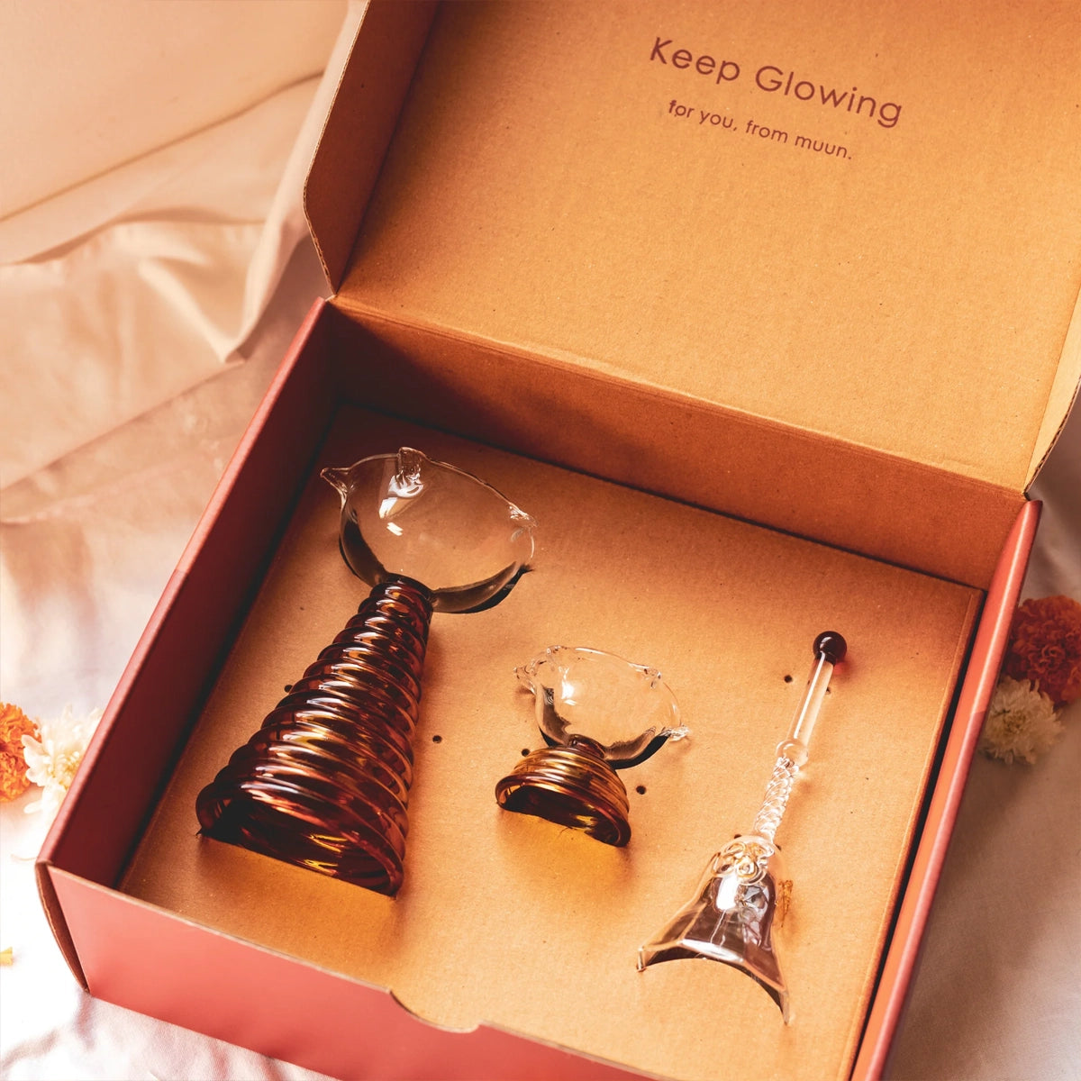 Glass Festive Gift Box - Tall Diya + Short Diya + Bell - Amber