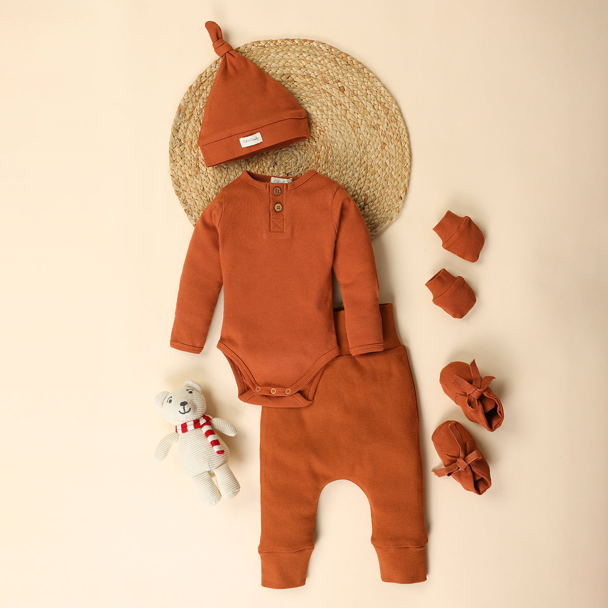 Organic Cotton Baby Clothes Set | Bodysuit with Pants | Mittens & Booties | Headband | Ginger Brown