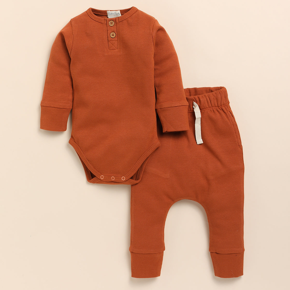 Organic Cotton Baby Clothes Set | Bodysuit with Pants | Mittens & Booties | Headband | Ginger Brown