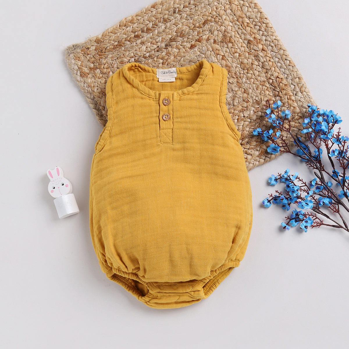 Organic Cotton Muslin Romper for Baby | White & Mustard Yellow