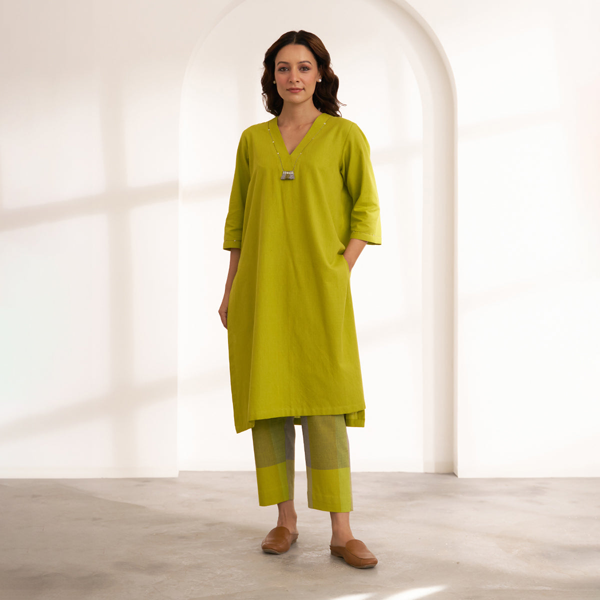 Lime Handwoven Cotton & Check Kurta