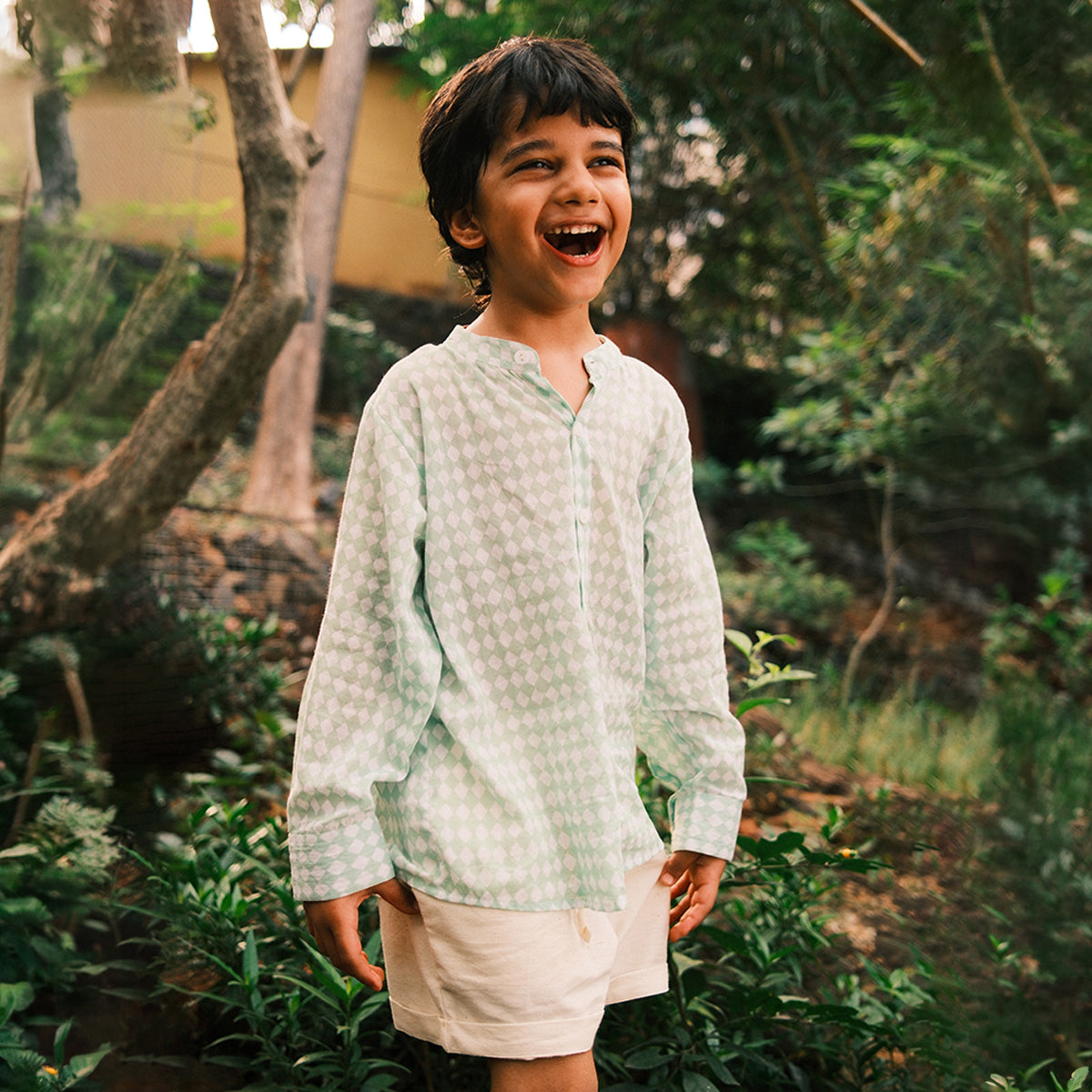 Barefoot Boy Shirt In Sage Green Rhombus