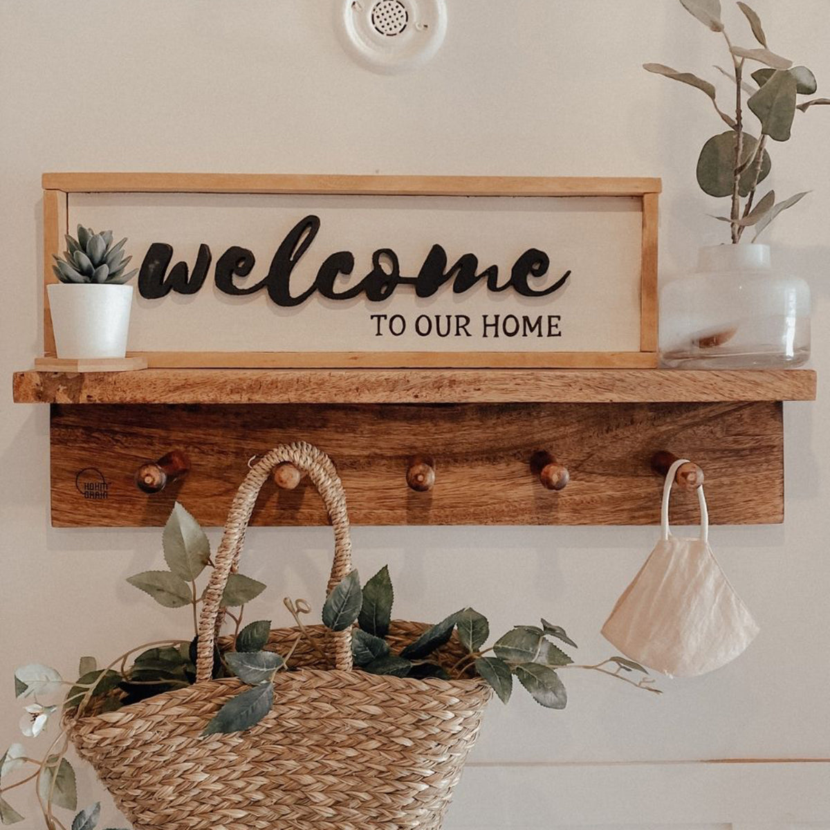 Multi Functional Wood Wall Shelf with Hooks