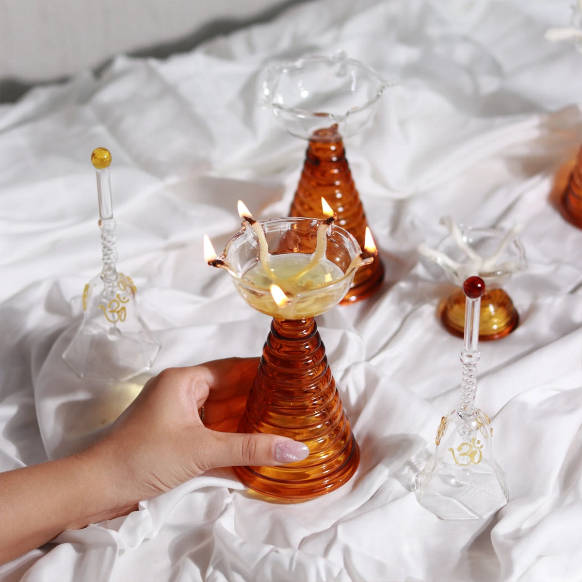 Glass Festive Gift Box - Tall Diya + Short Diya + Bell - Amber