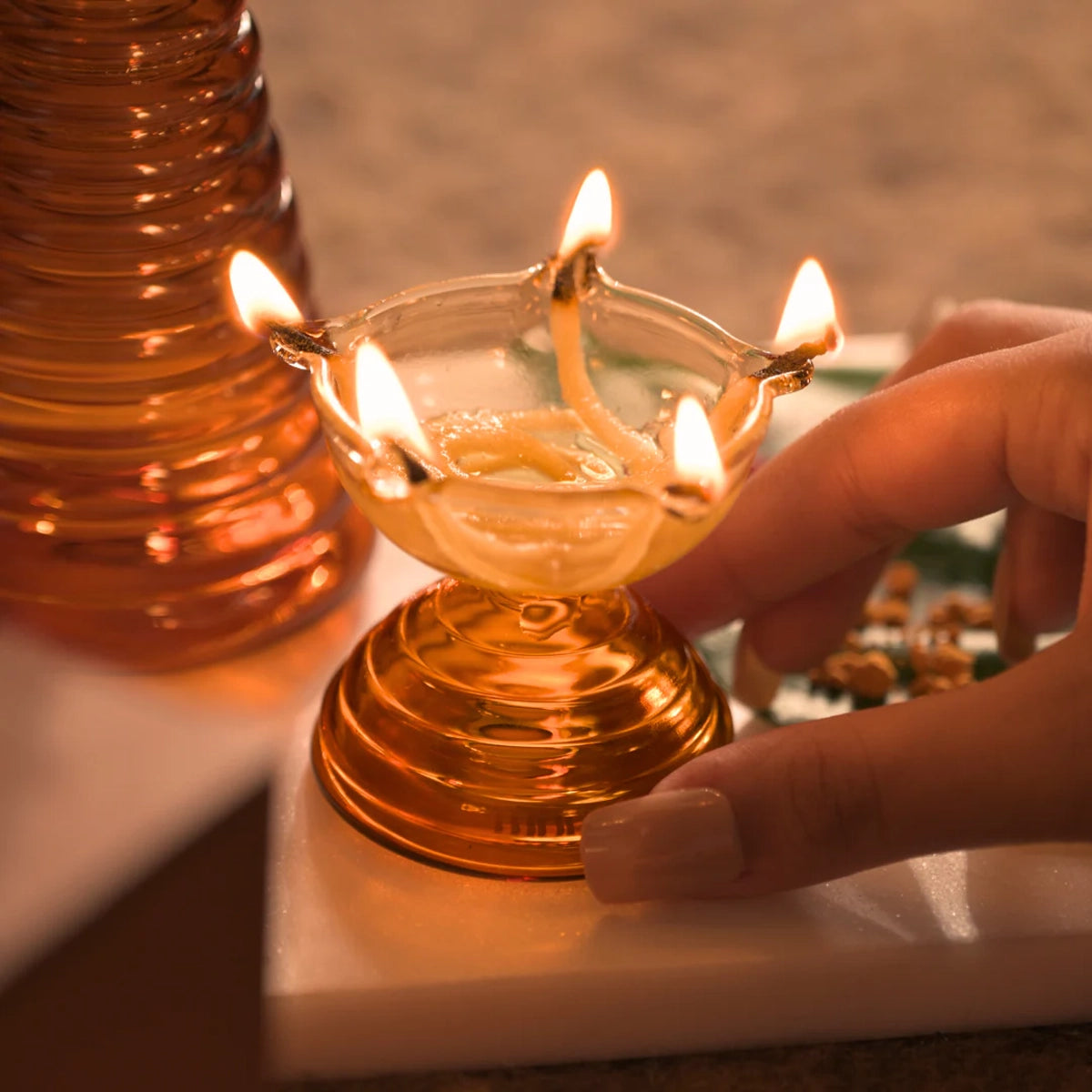 Short Glass Diya Amber